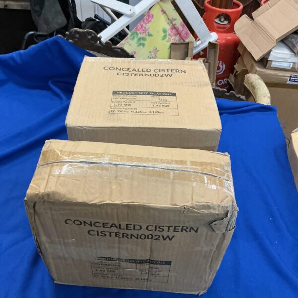 Packaging for three concealed cistern kits, bathroom plumbing supplies.