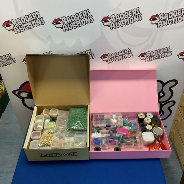Mixed craft supplies lot with beads, sequins, and thread.