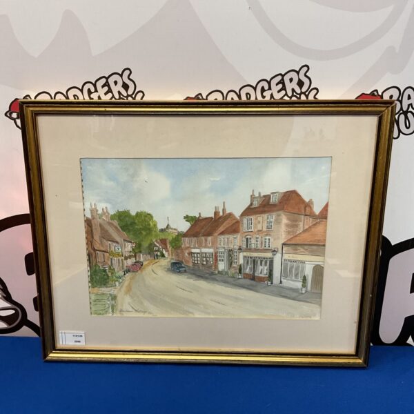 Vintage watercolour painting of Denham Village High Street scene.