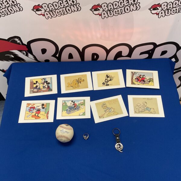 Vintage Disney Mickey Mouse collectibles lot with signed baseball and postcards.
