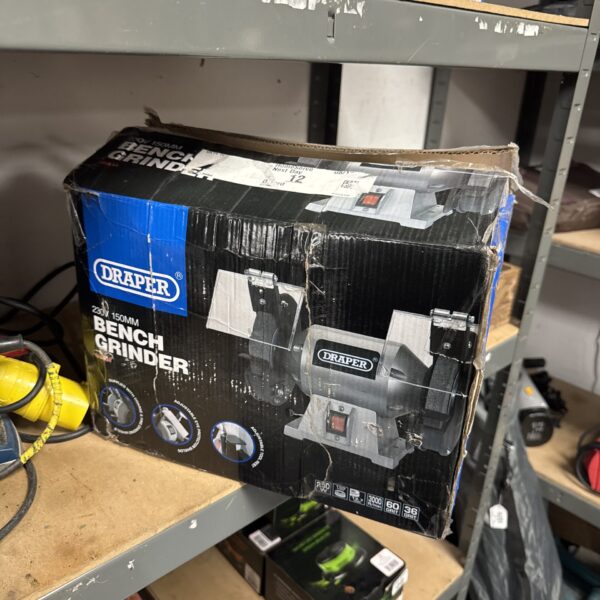 Draper 150mm bench grinder in original packaging, workshop tool.