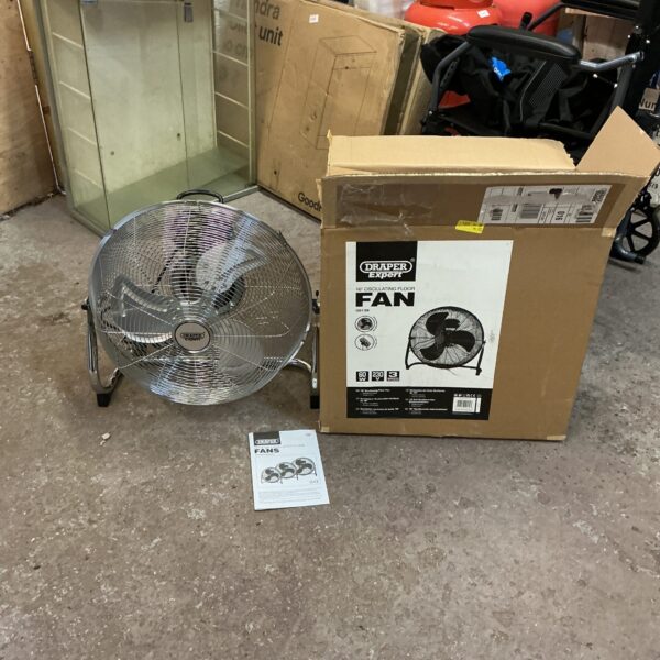 Draper 16 inch oscillating floor fan in a home setting.
