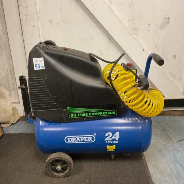 Draper 24 litre air compressor with hose, portable workshop tool.