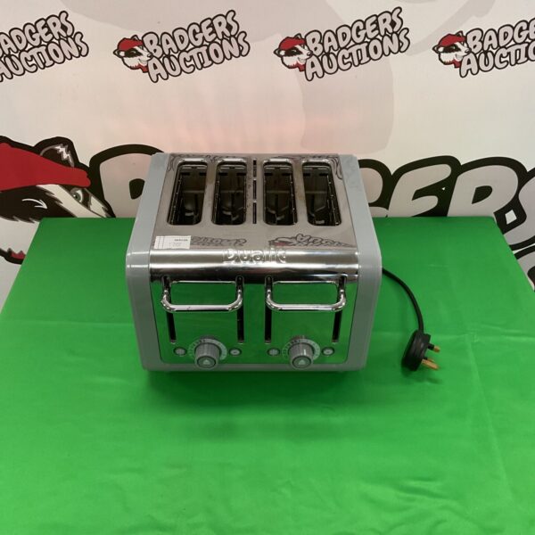 Front view of a vintage Dualit Classic stainless steel toaster.