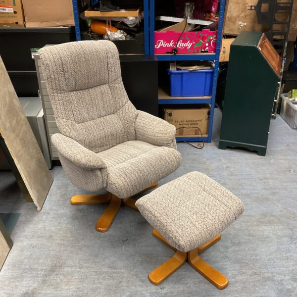 Vintage Dubai fabric swivel recliner chair and footstool.