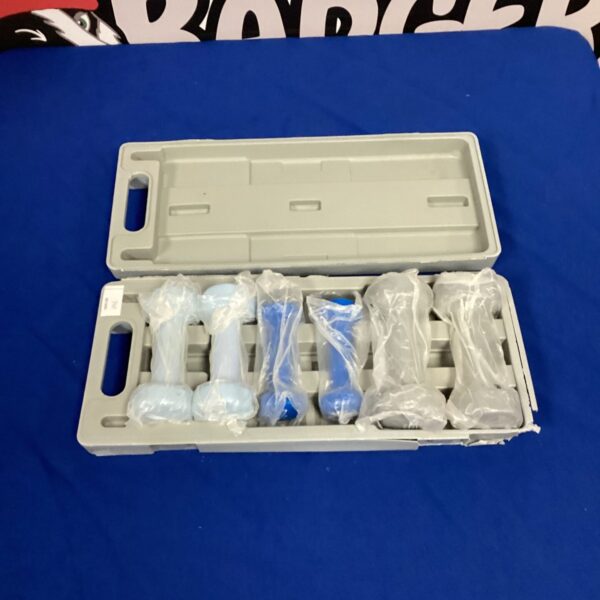 Adjustable dumbbell weight set stored in a plastic case.
