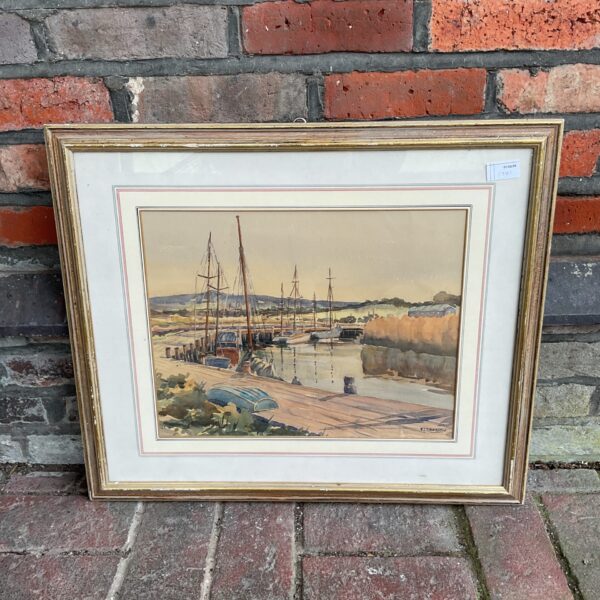E L Grassby watercolour painting of a peaceful estuary scene with sailboats.