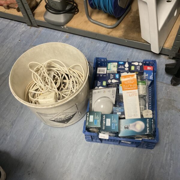 Electrical lot with extension lead and assorted light bulbs for DIY projects.