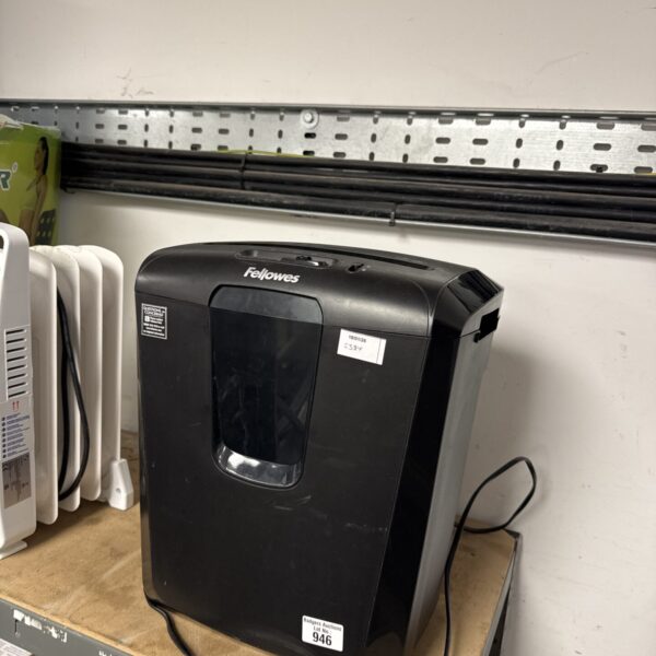 Black Fellowes 8 sheet paper shredder for office use.