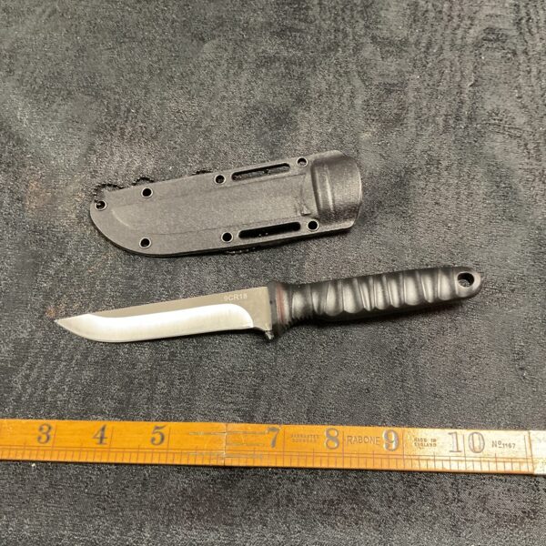 Black bladed fishing sheath knife with nylon sheath.