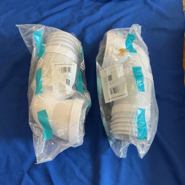 Pack of two flexible pan connectors for kitchen plumbing.