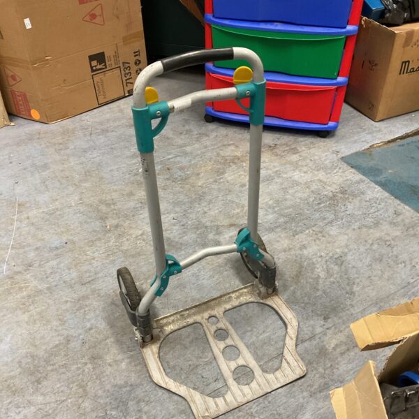 Steel folding sack barrow for moving heavy loads.