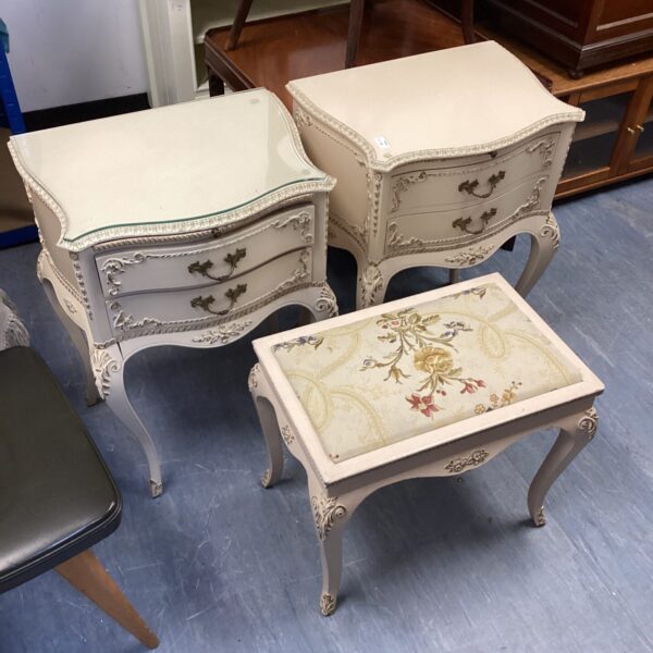 Vintage French bedside cabinets and stool set in shabby chic style.