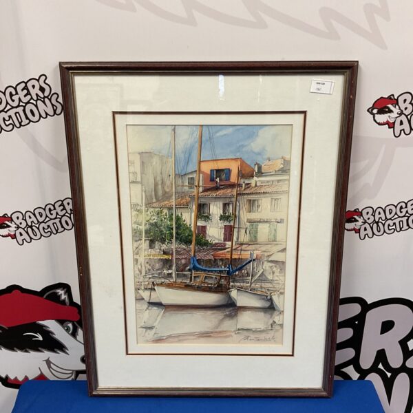 Signed 20th-century French watercolour painting of a marina with sailboats.