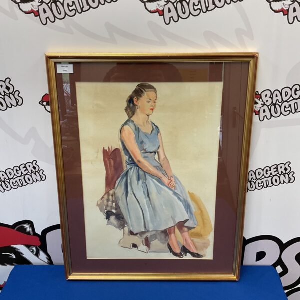1958 G Horner gouache portrait of a seated lady in mid-century style.