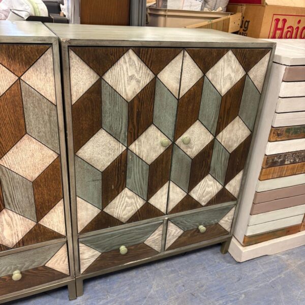 Modern geometric pattern cabinet with cube design.