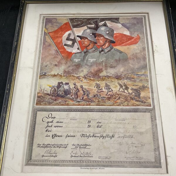 Original German WWII discharge certificate with emblem.