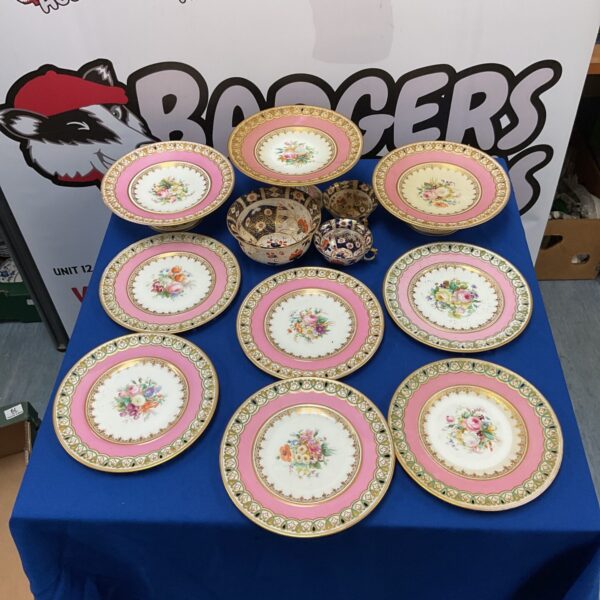 Tray of antique gilded floral pink pedestal and serving plates.