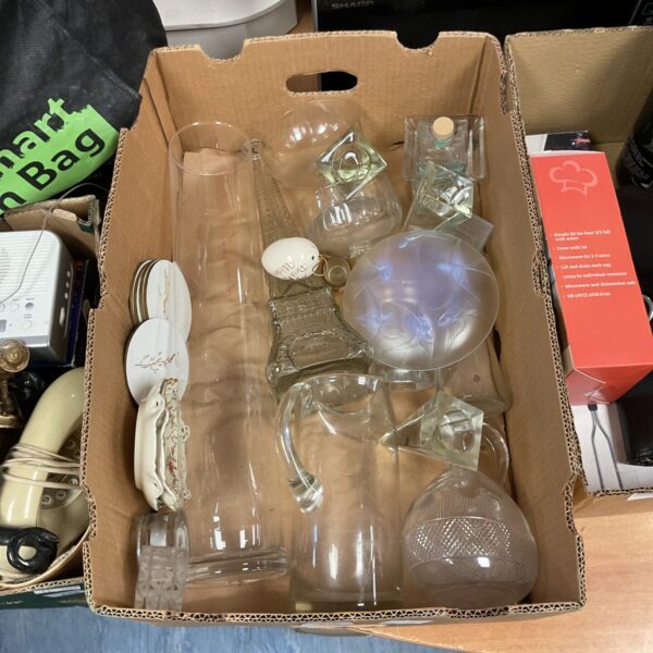 Vintage clear glassware lot including vases, jugs and bowls.