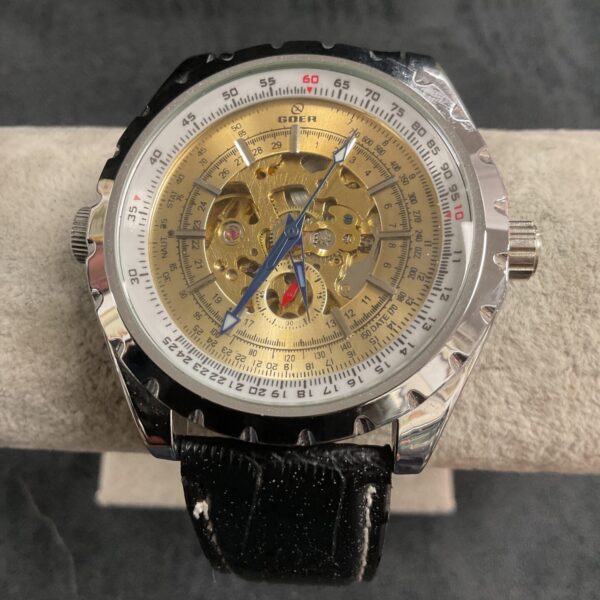 Front view of a Goer skeleton automatic wristwatch.