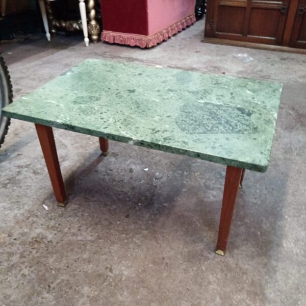 Vintage green marble top magazine table with wooden legs.