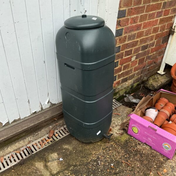 Dark green plastic water butt in a garden setting.