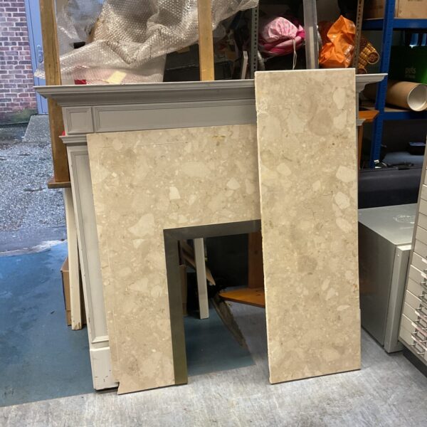 Grey painted fireplace surround with marble base and back.