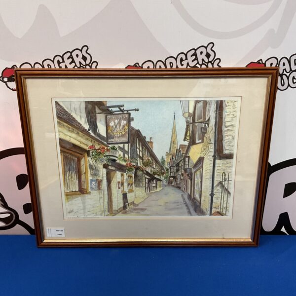Vintage H G Burridge watercolour painting of a Ledbury Hertfordshire street scene.
