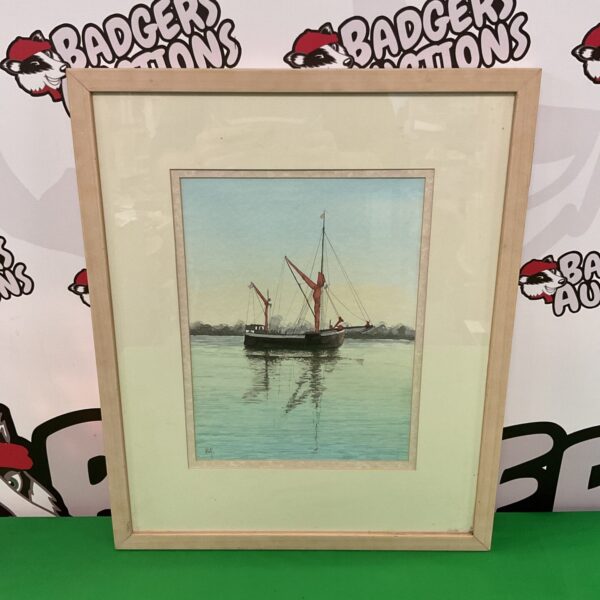 Signed watercolour painting of a Thames barge on calm water.
