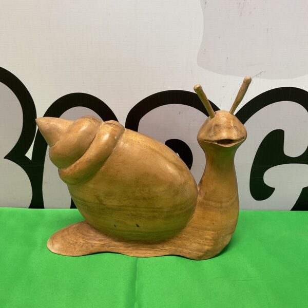 Detailed hand-carved wooden snail sculpture for home decor.