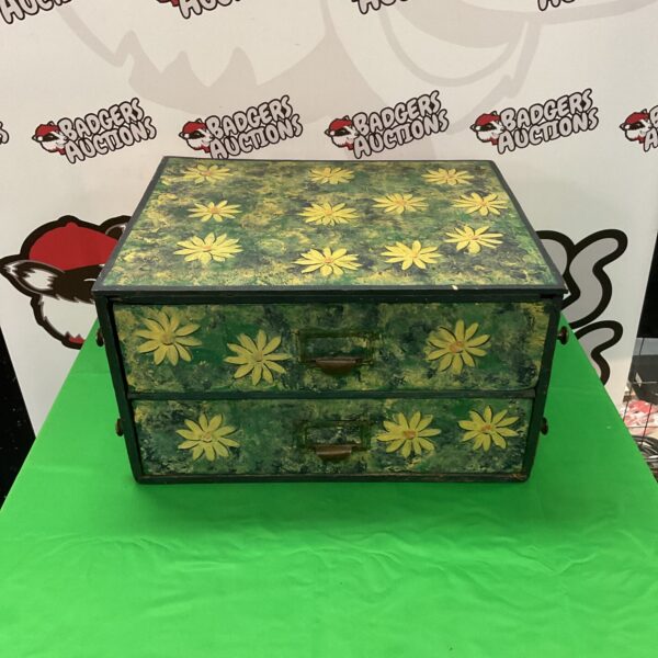 Vintage hand-painted floral storage box with two drawers.