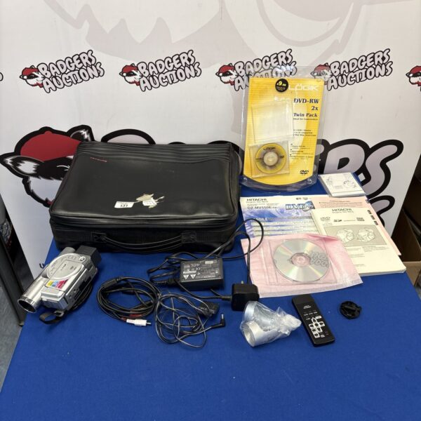 Hitachi DZ-MV550E digital DVD camcorder in carry bag with accessories.