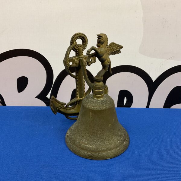 Antique HMS Pegasus brass bell with anchor wall mount.