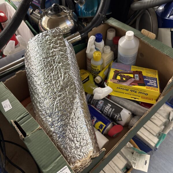 Mixed house clearance lot with cleaning supplies and tools.