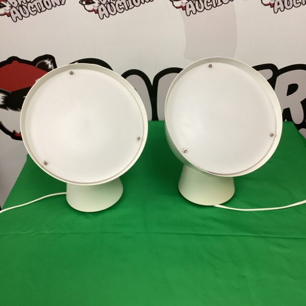 Pair of vintage IKEA Ola Wihlborg table lamps with white shades.