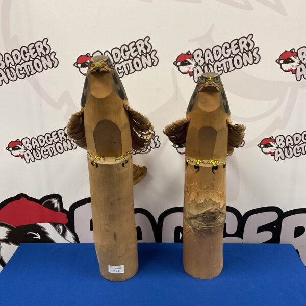 Pair of vintage signed Japanese bird of prey totem pole wood carvings