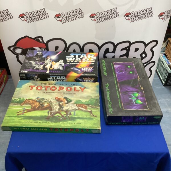 Three vintage board games including interactive video board games, Star Wars and atmosphere