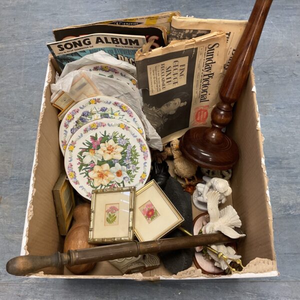 Box of animal ornaments, miniature embroideries & king george coronation newspapers
