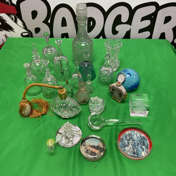 Collection of mixed glass, including Dartington glass bell and perfume spray