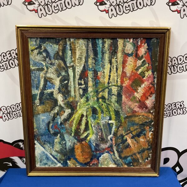 Vibrant impasto still life painting with a potted plant and sculpture.