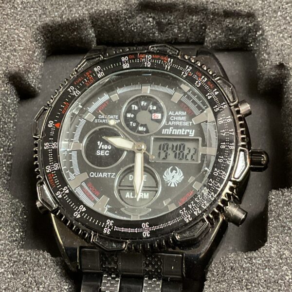 Front view of black Infantry military digital wristwatch.