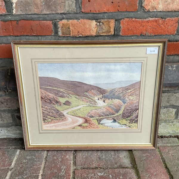 John Gale watercolour painting of a countryside road and old gang mines.