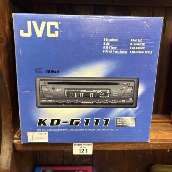Boxed JVC KD-G111 car radio receiver in original packaging.