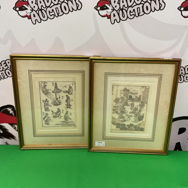 Pair of antique Katsuhika Hokusai woodblock prints depicting domestic scenes.