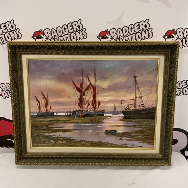 Signed Keith Burtonshaw oil painting of fishing boats at low tide.
