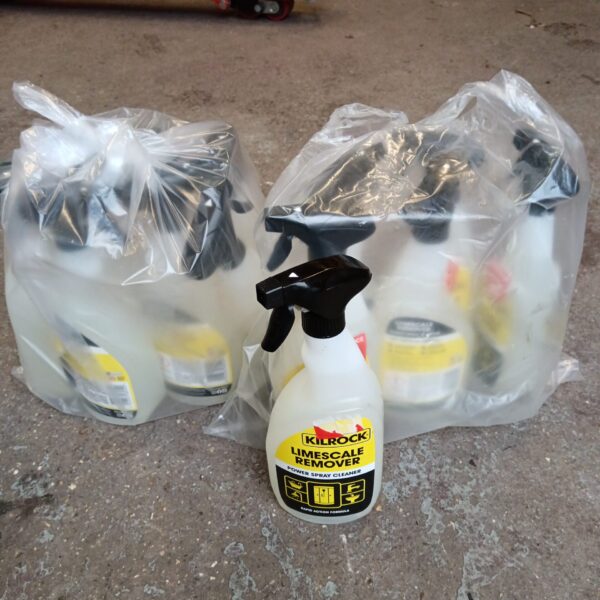 Lot of unopened Killrock limescale remover spray bottles for cleaning.
