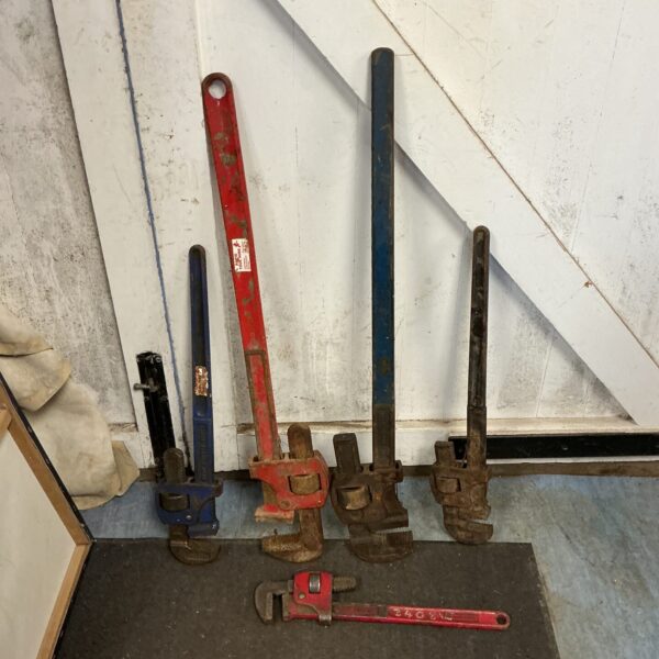 Vintage lot of five large wrenches, including a Record brand example.