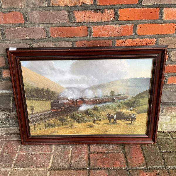 Framed Gerald Broom print of the LMS Royal Scot steam train.