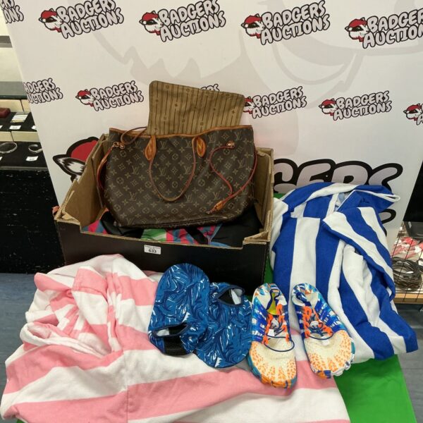 Luxury beach robe lot with designer bag and summer accessories.