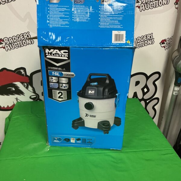 Mac Allister 16L wet and dry vacuum cleaner, side view.